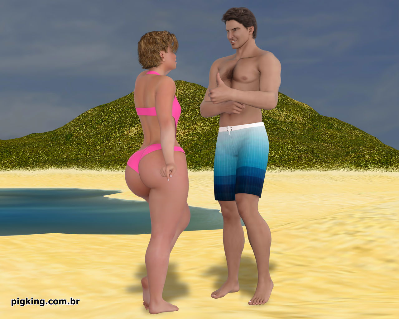 Sexy MILF with short hair fucked by black guy on the beach and then by shemale in Pigking Nininho 23 3D Porn Comic