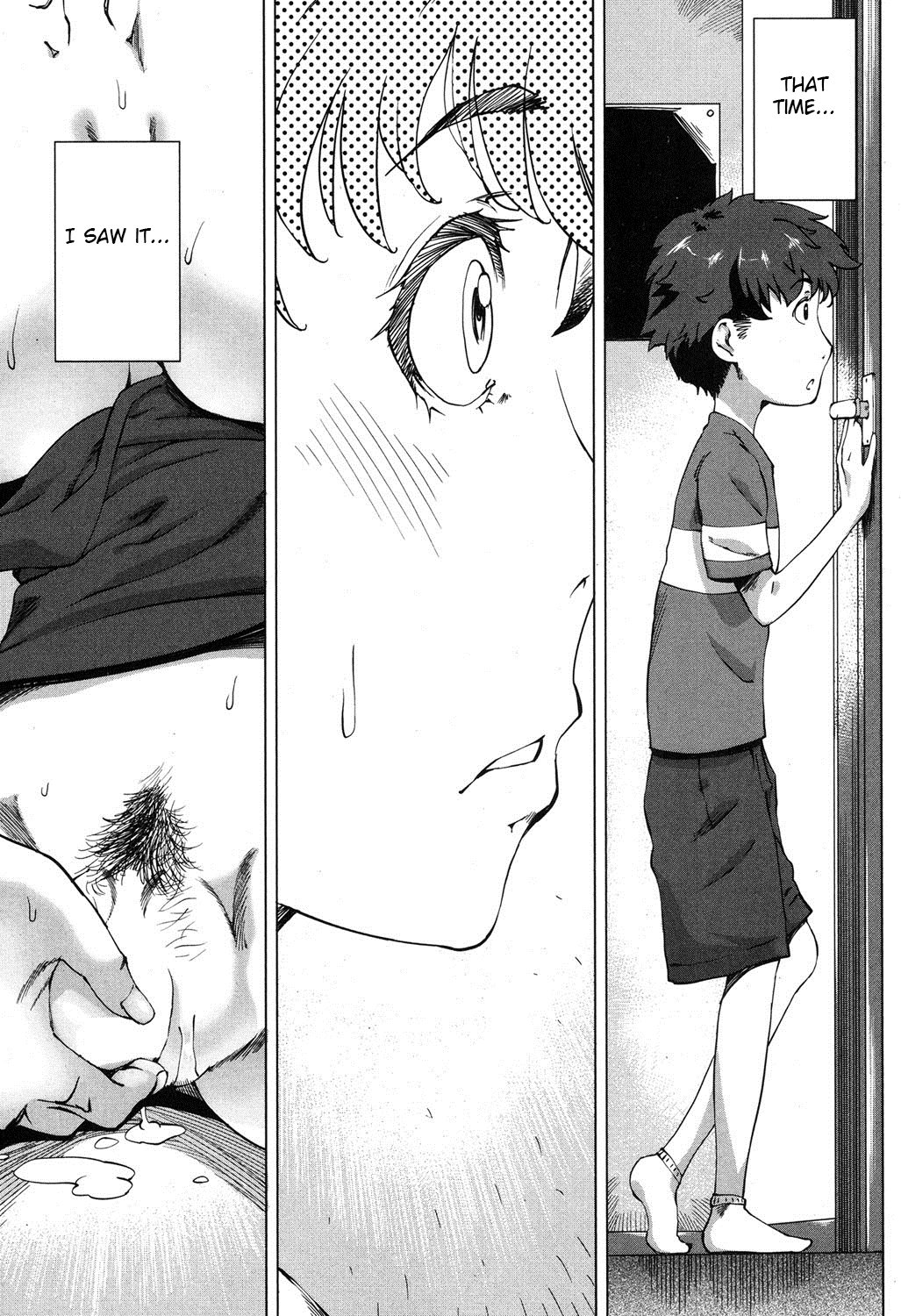 Son spaying on his mom while she is masturbating and then somehow manages to seduce her in Everything Lies Open to Mama Hentai Comic