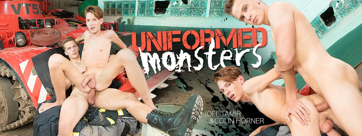 Uniformed Monsters, Sc 1: Horse-Hung Twink Gets A Fireman’s Lift Onto Hunky Pal’s Hose!